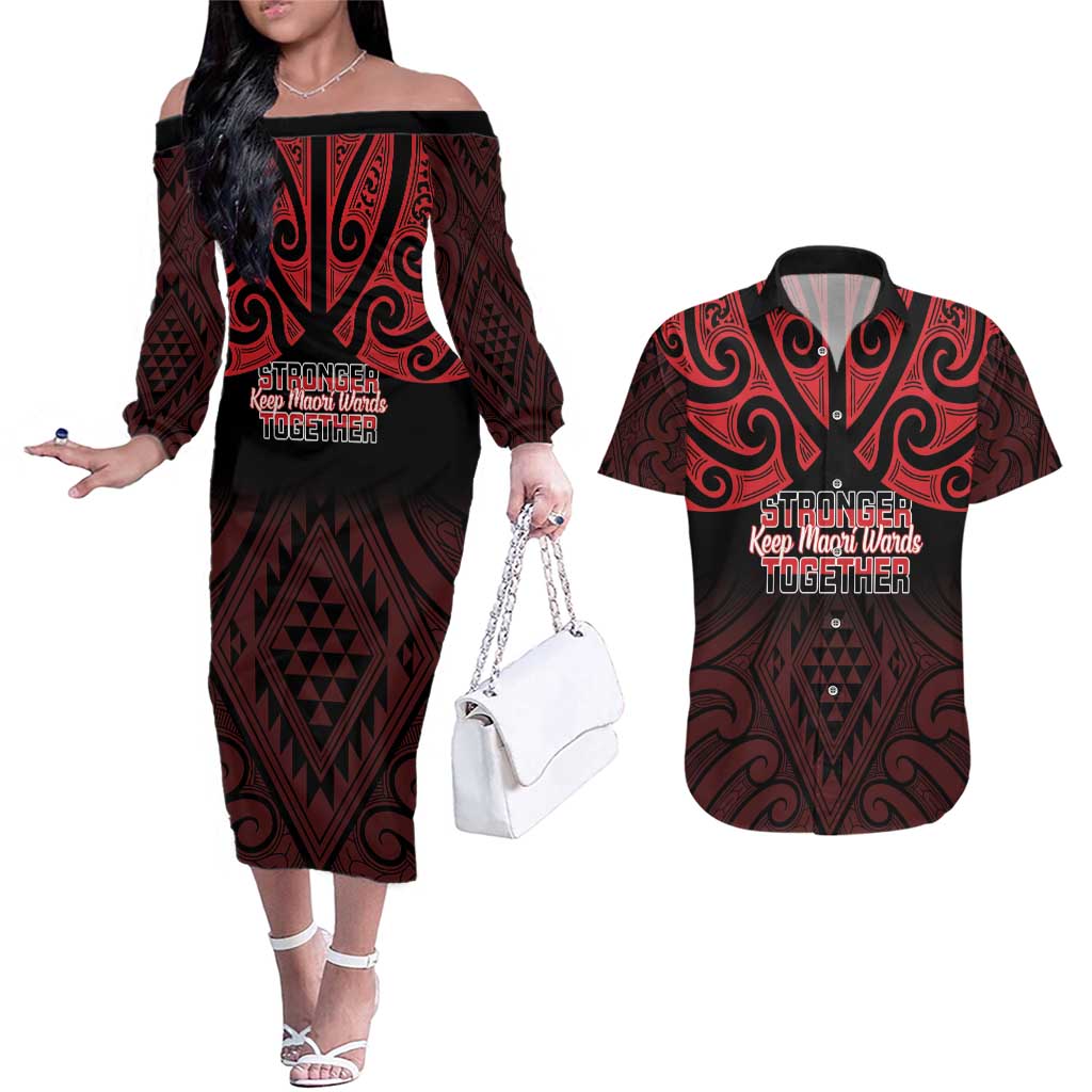 Personalised Keep Maori Wards New Zealand Couples Matching Off The Shoulder Long Sleeve Dress and Hawaiian Shirt Stronger Together Aotearoa Taniko - Aussie Hoodie