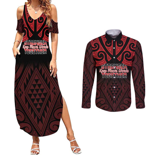 Personalised Keep Maori Wards New Zealand Couples Matching Summer Maxi Dress and Long Sleeve Button Shirt Stronger Together Aotearoa Taniko - Aussie Hoodie