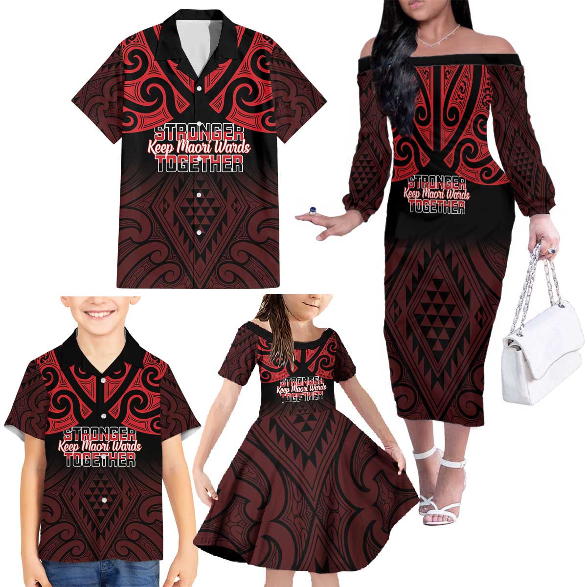 Personalised Keep Maori Wards New Zealand Family Matching Off The Shoulder Long Sleeve Dress and Hawaiian Shirt Stronger Together Aotearoa Taniko - Aussie Hoodie