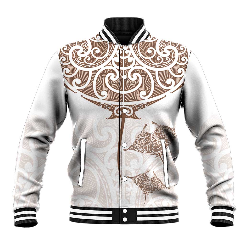 New Zealand Manta Ray Tattoo Baseball Jacket Aotearoa Maori Haehae Beige - Aussie Hoodie