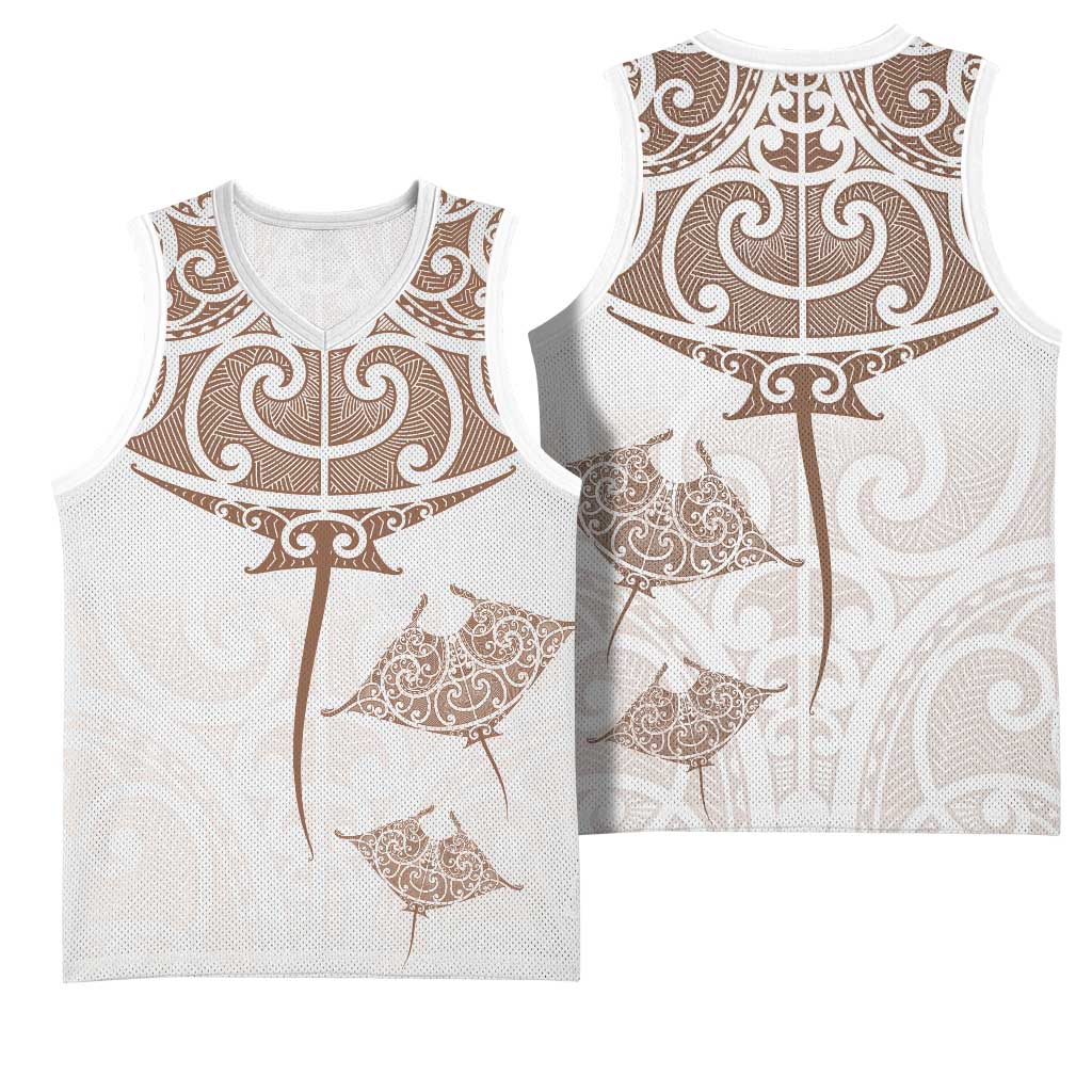 New Zealand Manta Ray Tattoo Basketball Jersey Aotearoa Maori Haehae Beige - Aussie Hoodie