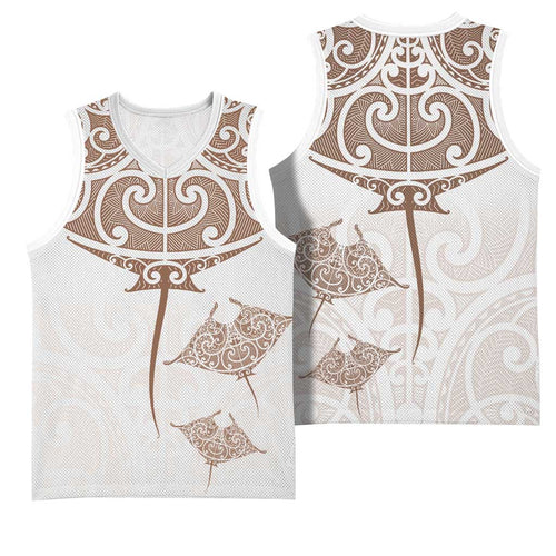New Zealand Manta Ray Tattoo Basketball Jersey Aotearoa Maori Haehae Beige - Aussie Hoodie