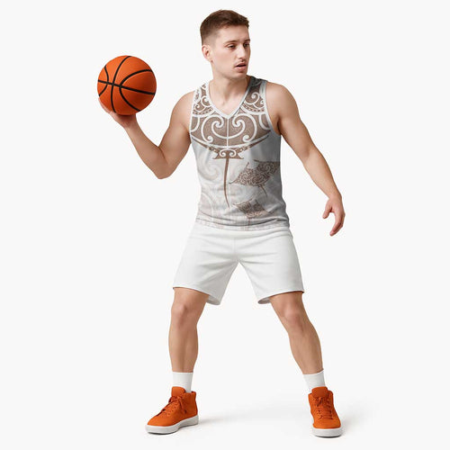 New Zealand Manta Ray Tattoo Basketball Jersey Aotearoa Maori Haehae Beige - Aussie Hoodie