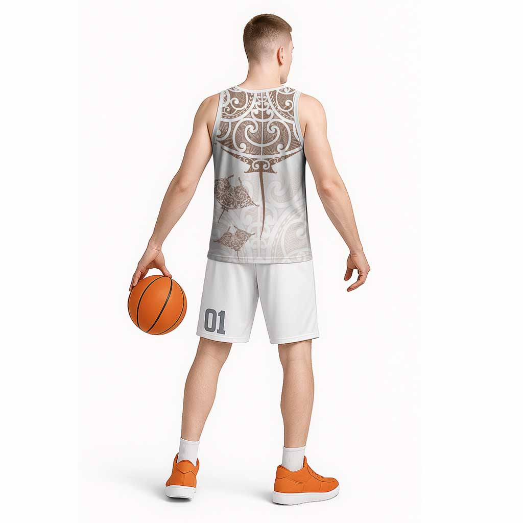 New Zealand Manta Ray Tattoo Basketball Jersey Aotearoa Maori Haehae Beige - Aussie Hoodie