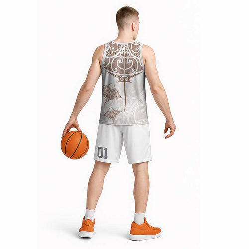 New Zealand Manta Ray Tattoo Basketball Jersey Aotearoa Maori Haehae Beige - Aussie Hoodie