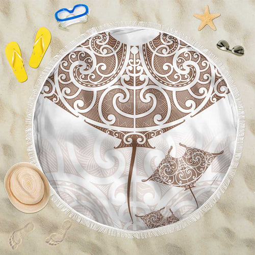New Zealand Manta Ray Tattoo Beach Blanket Aotearoa Maori Haehae Beige - Aussie Hoodie