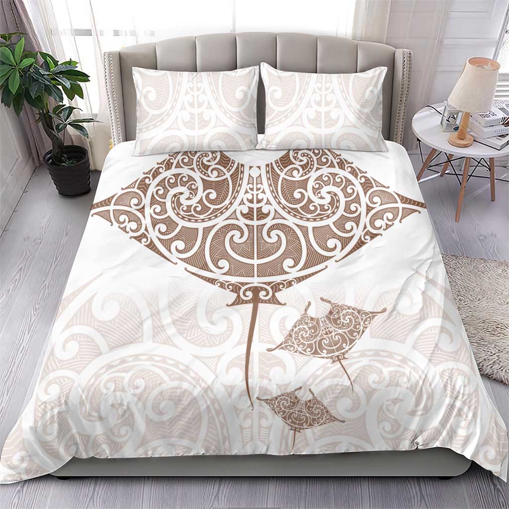 New Zealand Manta Ray Tattoo Bedding Set Aotearoa Maori Haehae Beige - Aussie Hoodie