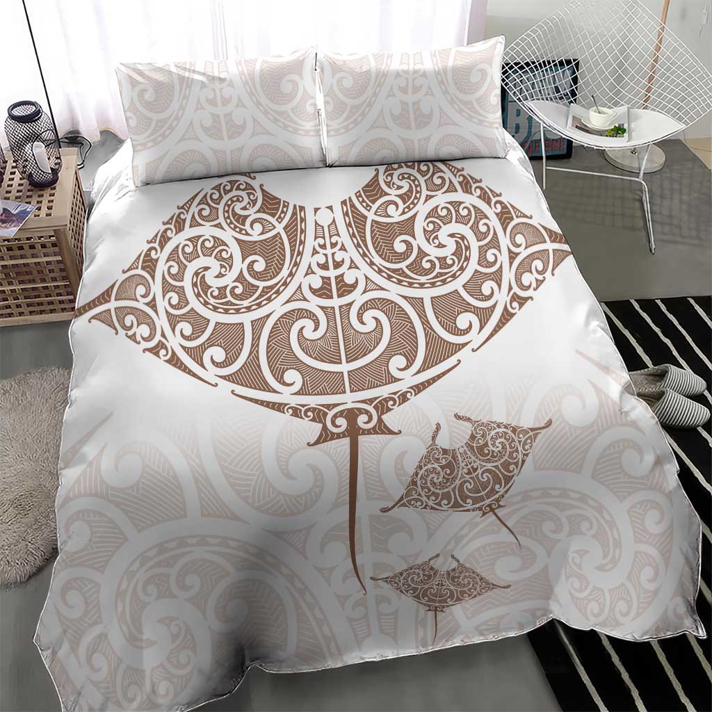 New Zealand Manta Ray Tattoo Bedding Set Aotearoa Maori Haehae Beige - Aussie Hoodie