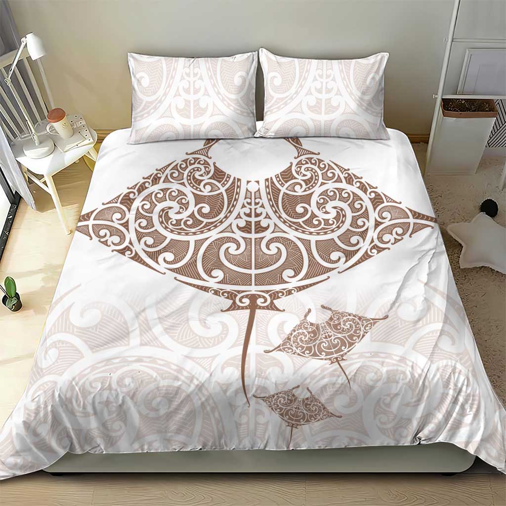 New Zealand Manta Ray Tattoo Bedding Set Aotearoa Maori Haehae Beige - Aussie Hoodie