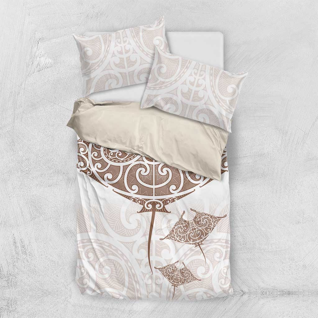 New Zealand Manta Ray Tattoo Bedding Set Aotearoa Maori Haehae Beige - Aussie Hoodie