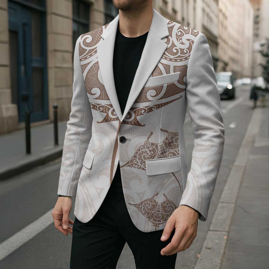 New Zealand Manta Ray Tattoo Blazer Aotearoa Maori Haehae Beige - Aussie Hoodie