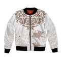 New Zealand Manta Ray Tattoo Bomber Jacket Aotearoa Maori Haehae Beige - Aussie Hoodie