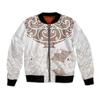 New Zealand Manta Ray Tattoo Bomber Jacket Aotearoa Maori Haehae Beige - Aussie Hoodie