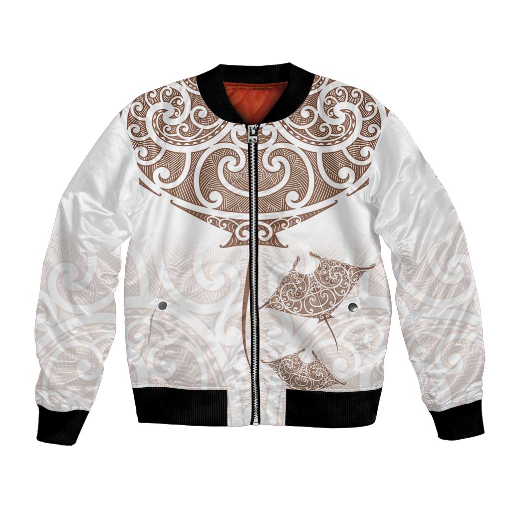 New Zealand Manta Ray Tattoo Bomber Jacket Aotearoa Maori Haehae Beige - Aussie Hoodie