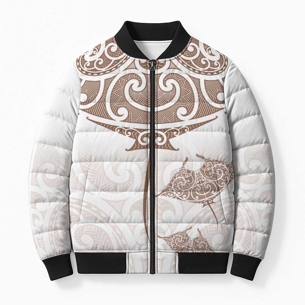 New Zealand Manta Ray Tattoo Bomber Puffer Jacket Aotearoa Maori Haehae Beige - Aussie Hoodie