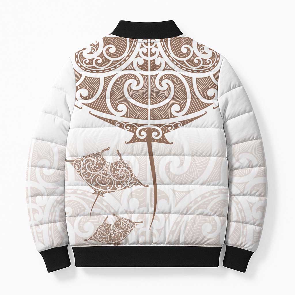 New Zealand Manta Ray Tattoo Bomber Puffer Jacket Aotearoa Maori Haehae Beige - Aussie Hoodie