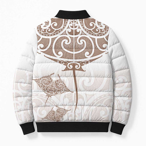 New Zealand Manta Ray Tattoo Bomber Puffer Jacket Aotearoa Maori Haehae Beige - Aussie Hoodie