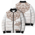 New Zealand Manta Ray Tattoo Bomber Puffer Jacket Aotearoa Maori Haehae Beige - Aussie Hoodie