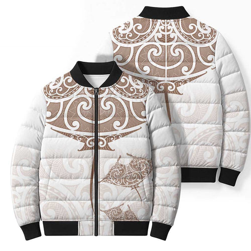 New Zealand Manta Ray Tattoo Bomber Puffer Jacket Aotearoa Maori Haehae Beige - Aussie Hoodie