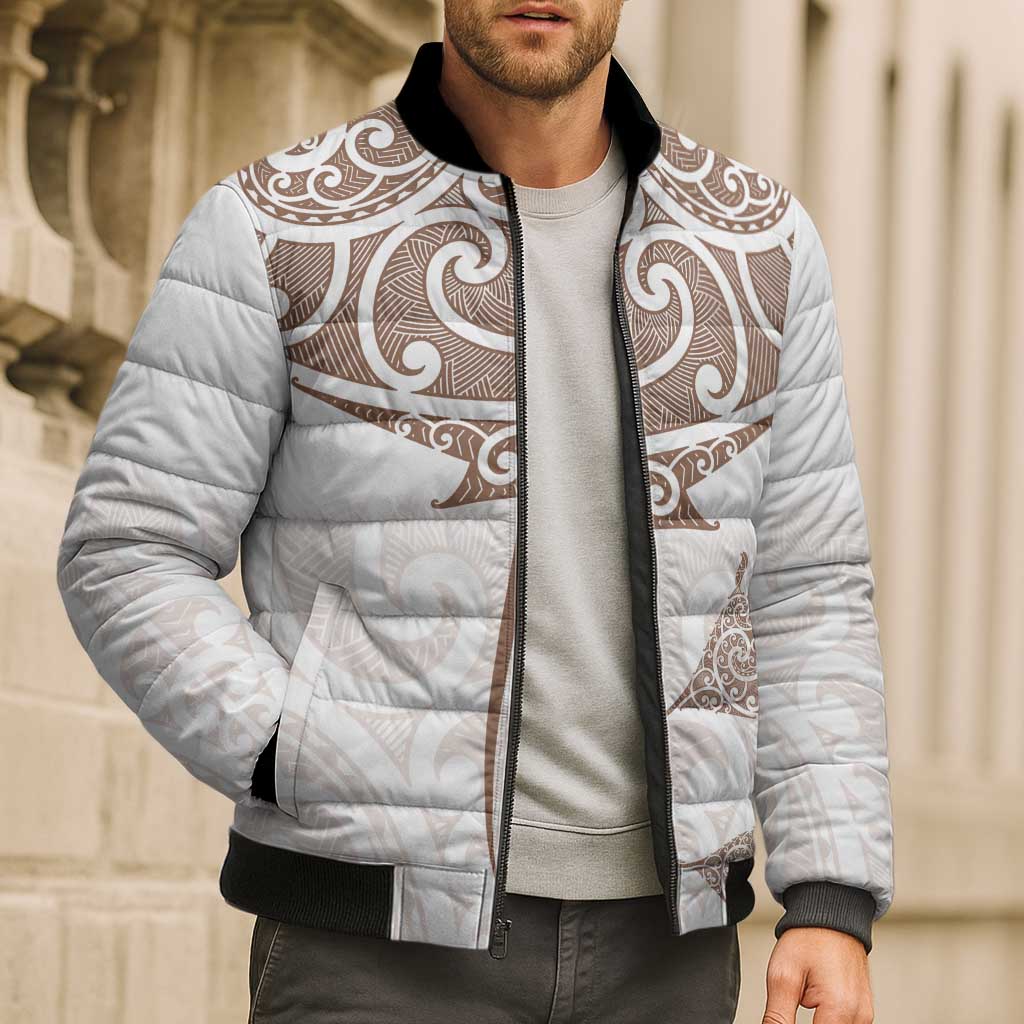 New Zealand Manta Ray Tattoo Bomber Puffer Jacket Aotearoa Maori Haehae Beige - Aussie Hoodie