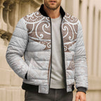 New Zealand Manta Ray Tattoo Bomber Puffer Jacket Aotearoa Maori Haehae Beige - Aussie Hoodie