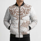 New Zealand Manta Ray Tattoo Bomber Puffer Jacket Aotearoa Maori Haehae Beige - Aussie Hoodie