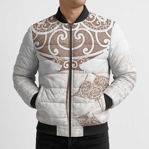 New Zealand Manta Ray Tattoo Bomber Puffer Jacket Aotearoa Maori Haehae Beige - Aussie Hoodie