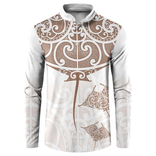 New Zealand Manta Ray Tattoo Button Sweatshirt Aotearoa Maori Haehae Beige - Aussie Hoodie