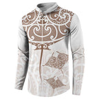 New Zealand Manta Ray Tattoo Button Sweatshirt Aotearoa Maori Haehae Beige - Aussie Hoodie