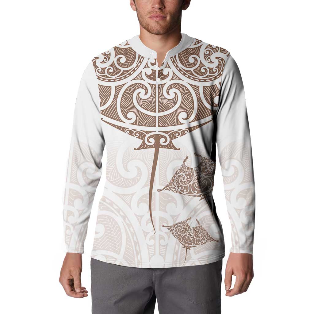 New Zealand Manta Ray Tattoo Button Sweatshirt Aotearoa Maori Haehae Beige - Aussie Hoodie
