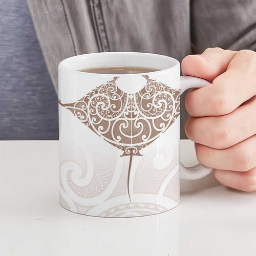 New Zealand Manta Ray Tattoo Ceramic Mug Aotearoa Maori Haehae Beige - Aussie Hoodie