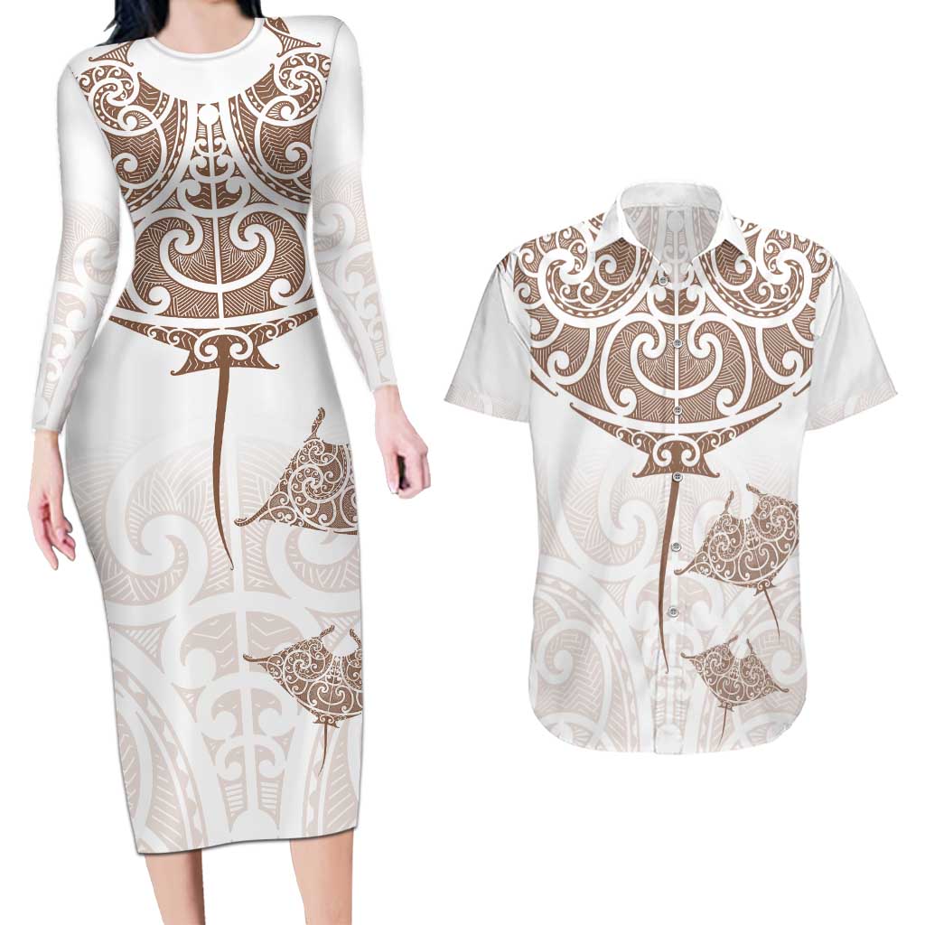 New Zealand Manta Ray Tattoo Couples Matching Long Sleeve Bodycon Dress and Hawaiian Shirt Aotearoa Maori Haehae Beige - Aussie Hoodie