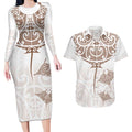 New Zealand Manta Ray Tattoo Couples Matching Long Sleeve Bodycon Dress and Hawaiian Shirt Aotearoa Maori Haehae Beige - Aussie Hoodie