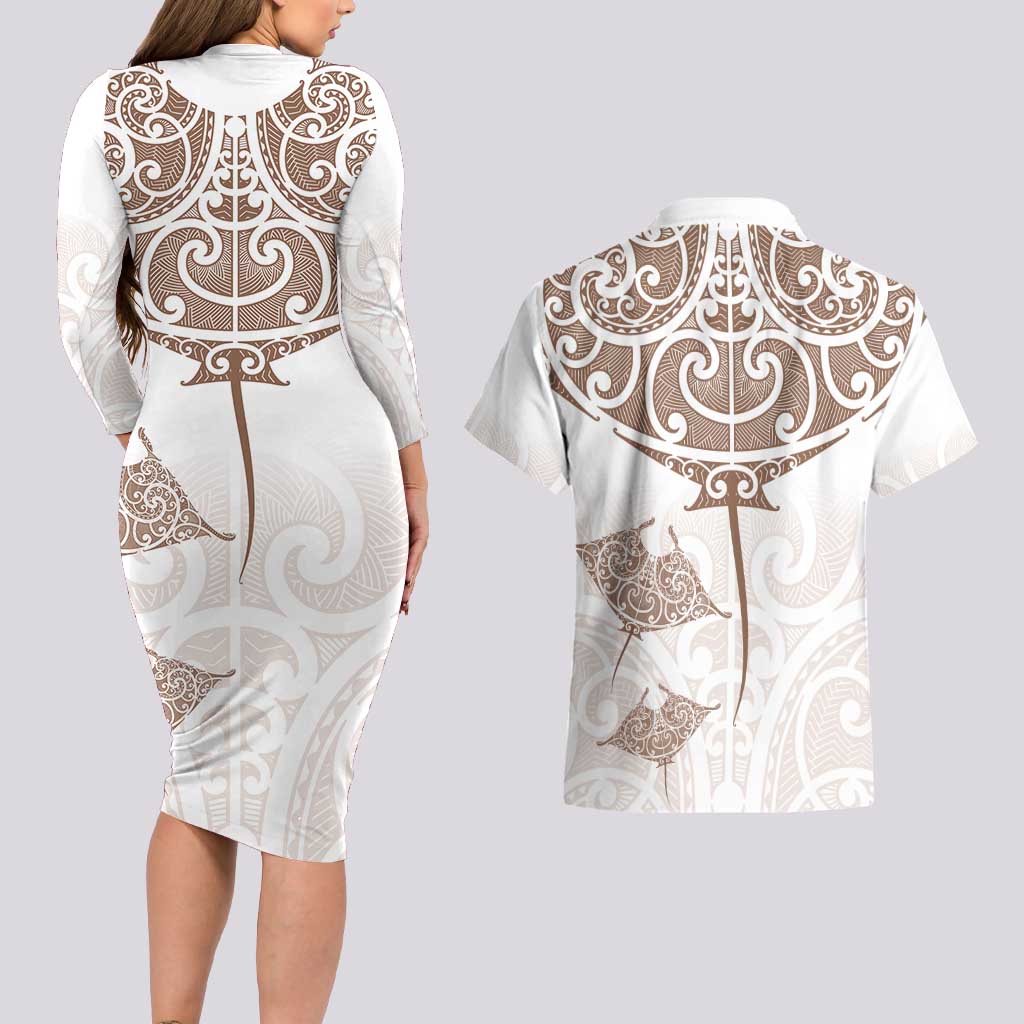New Zealand Manta Ray Tattoo Couples Matching Long Sleeve Bodycon Dress and Hawaiian Shirt Aotearoa Maori Haehae Beige - Aussie Hoodie