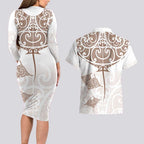 New Zealand Manta Ray Tattoo Couples Matching Long Sleeve Bodycon Dress and Hawaiian Shirt Aotearoa Maori Haehae Beige - Aussie Hoodie