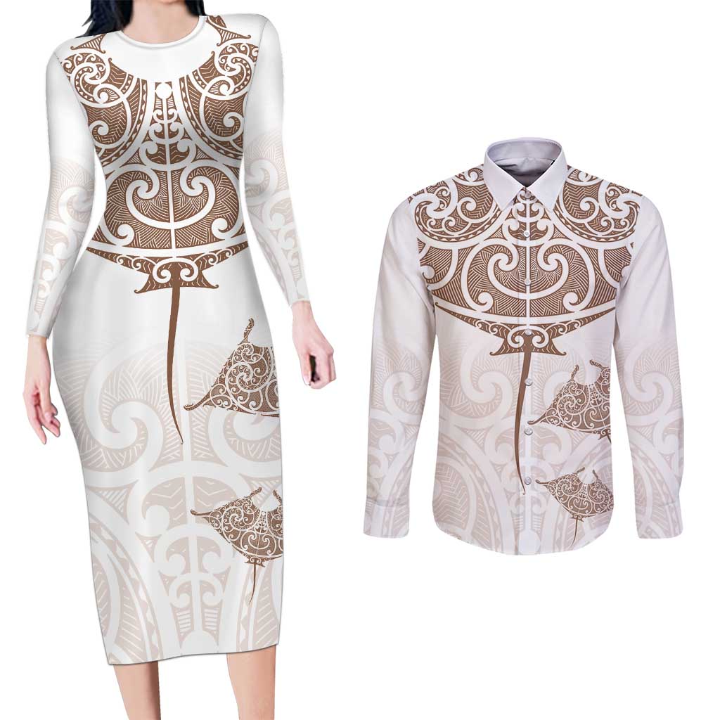 New Zealand Manta Ray Tattoo Couples Matching Long Sleeve Bodycon Dress and Long Sleeve Button Shirt Aotearoa Maori Haehae Beige - Aussie Hoodie
