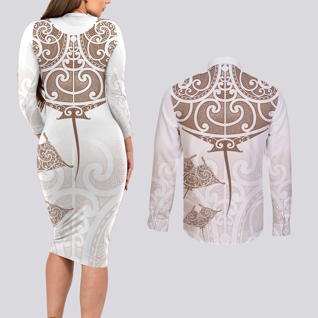 New Zealand Manta Ray Tattoo Couples Matching Long Sleeve Bodycon Dress and Long Sleeve Button Shirt Aotearoa Maori Haehae Beige - Aussie Hoodie