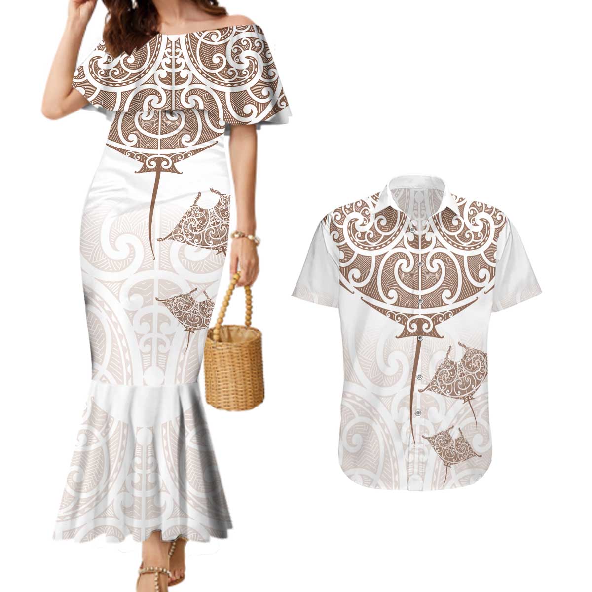 New Zealand Manta Ray Tattoo Couples Matching Mermaid Dress and Hawaiian Shirt Aotearoa Maori Haehae Beige - Aussie Hoodie