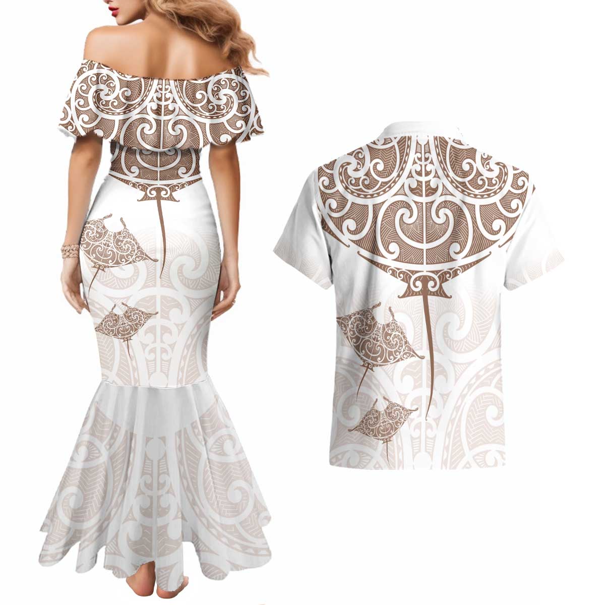 New Zealand Manta Ray Tattoo Couples Matching Mermaid Dress and Hawaiian Shirt Aotearoa Maori Haehae Beige - Aussie Hoodie