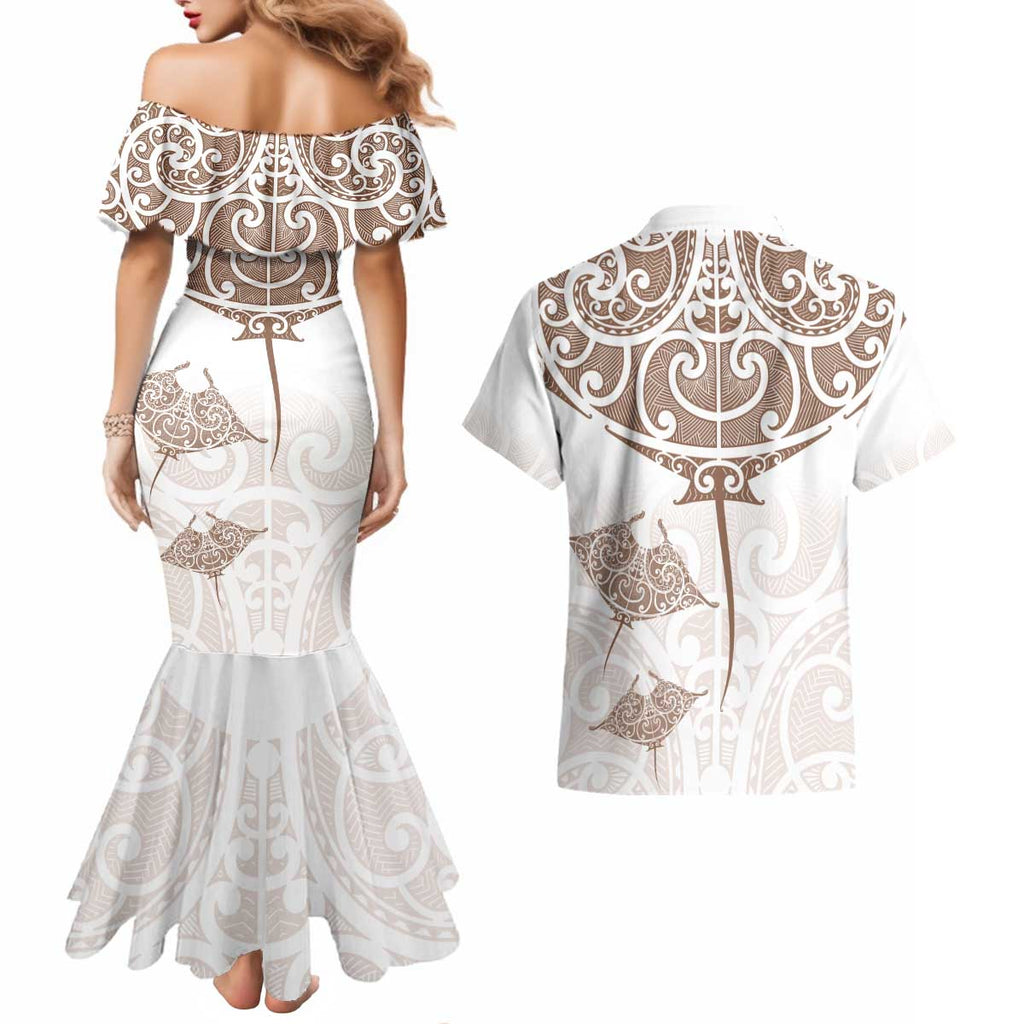 New Zealand Manta Ray Tattoo Couples Matching Mermaid Dress and Hawaiian Shirt Aotearoa Maori Haehae Beige - Aussie Hoodie