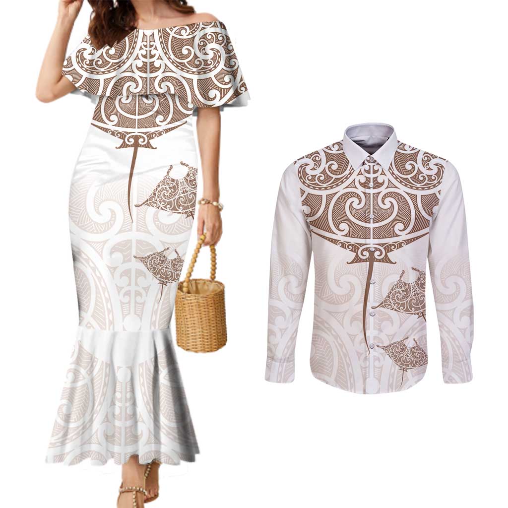 New Zealand Manta Ray Tattoo Couples Matching Mermaid Dress and Long Sleeve Button Shirt Aotearoa Maori Haehae Beige - Aussie Hoodie