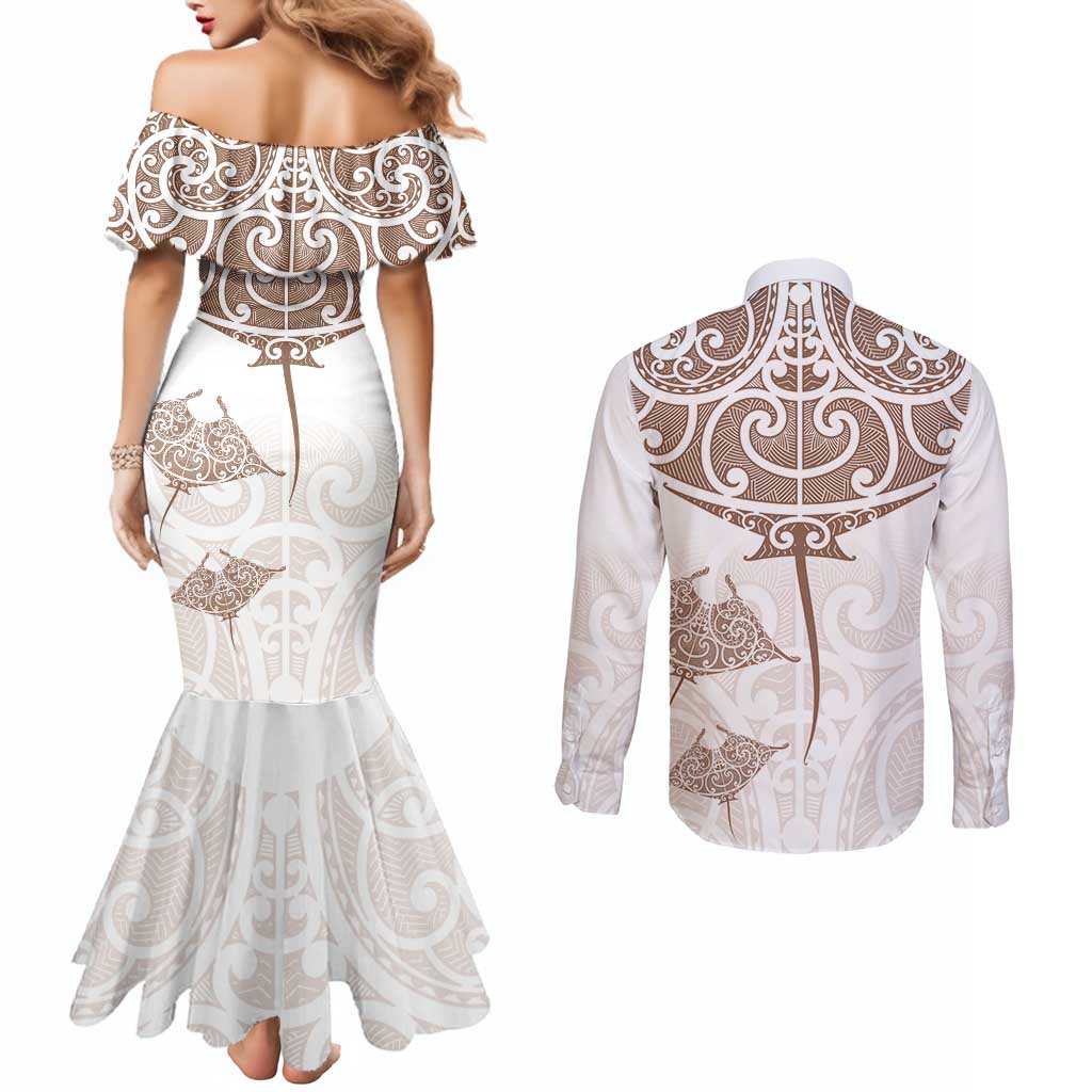New Zealand Manta Ray Tattoo Couples Matching Mermaid Dress and Long Sleeve Button Shirt Aotearoa Maori Haehae Beige - Aussie Hoodie