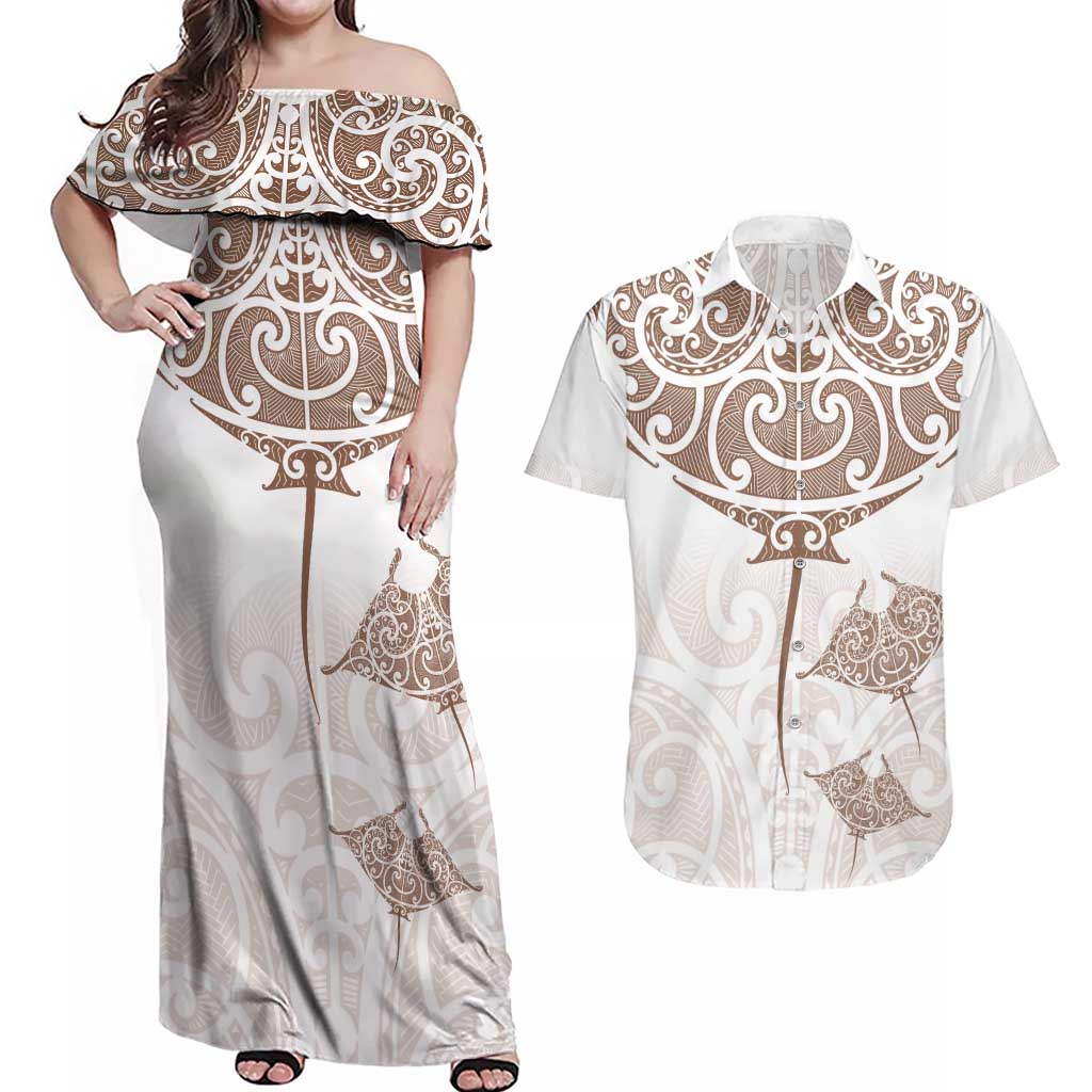 New Zealand Manta Ray Tattoo Couples Matching Off Shoulder Maxi Dress and Hawaiian Shirt Aotearoa Maori Haehae Beige - Aussie Hoodie