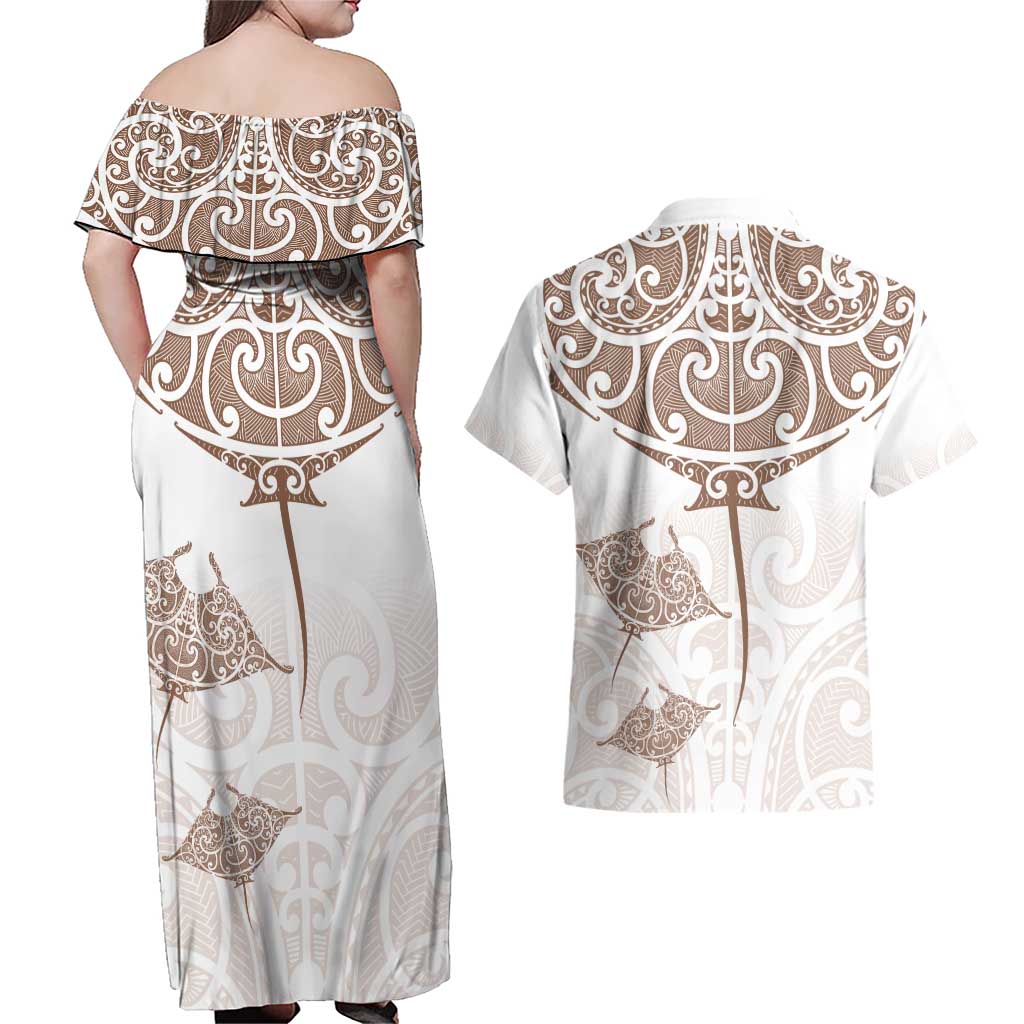 New Zealand Manta Ray Tattoo Couples Matching Off Shoulder Maxi Dress and Hawaiian Shirt Aotearoa Maori Haehae Beige - Aussie Hoodie