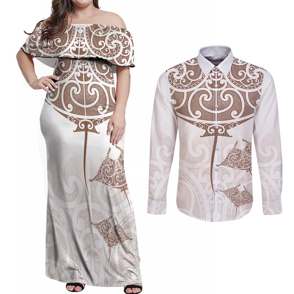 New Zealand Manta Ray Tattoo Couples Matching Off Shoulder Maxi Dress and Long Sleeve Button Shirt Aotearoa Maori Haehae Beige - Aussie Hoodie