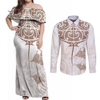 New Zealand Manta Ray Tattoo Couples Matching Off Shoulder Maxi Dress and Long Sleeve Button Shirt Aotearoa Maori Haehae Beige - Aussie Hoodie