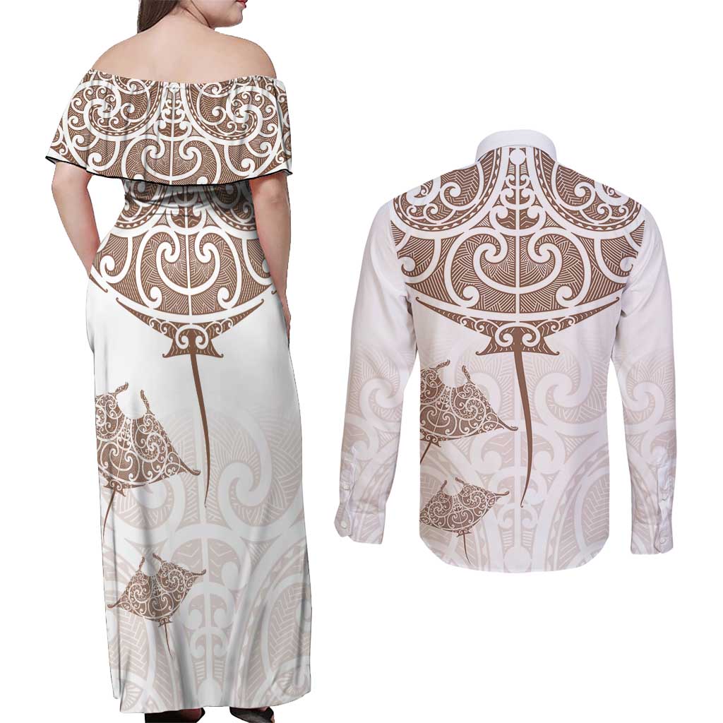 New Zealand Manta Ray Tattoo Couples Matching Off Shoulder Maxi Dress and Long Sleeve Button Shirt Aotearoa Maori Haehae Beige - Aussie Hoodie