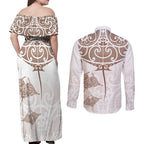 New Zealand Manta Ray Tattoo Couples Matching Off Shoulder Maxi Dress and Long Sleeve Button Shirt Aotearoa Maori Haehae Beige - Aussie Hoodie
