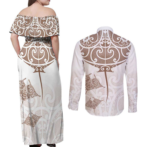 New Zealand Manta Ray Tattoo Couples Matching Off Shoulder Maxi Dress and Long Sleeve Button Shirt Aotearoa Maori Haehae Beige - Aussie Hoodie
