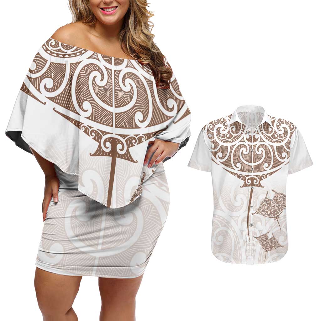 New Zealand Manta Ray Tattoo Couples Matching Off Shoulder Short Dress and Hawaiian Shirt Aotearoa Maori Haehae Beige - Aussie Hoodie